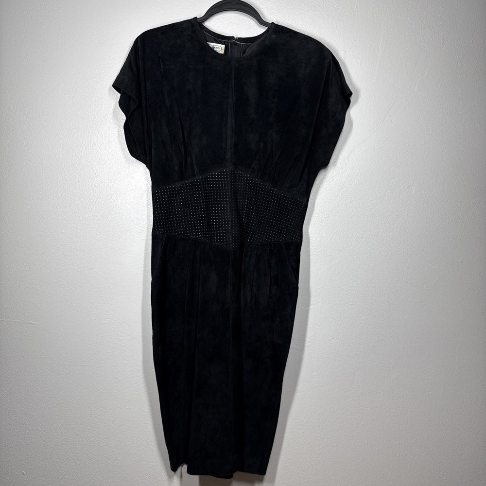 Vintage Lauren Alexandra Black Leather Midi Dress XS Corset Fit Pleated Pockets - Picture 9 of 16